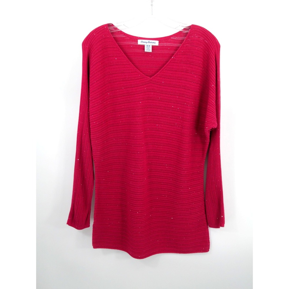 Tommy Bahama Red Sparkle V-Neck Tunic Sweater Womens Medium Pullover Modal Knit